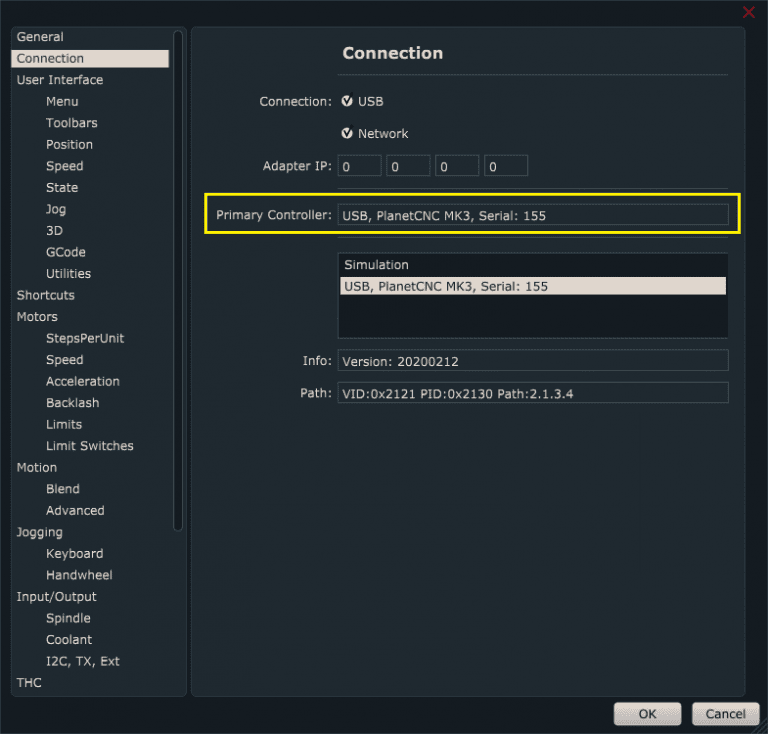 Basic PlanetCNC TNG connection settings