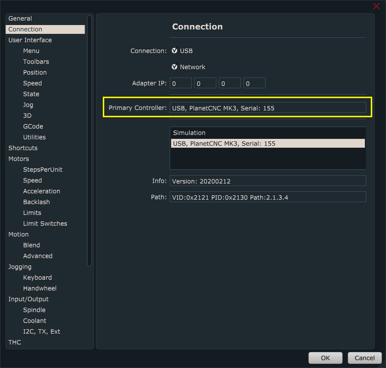 Basic PlanetCNC TNG connection settings