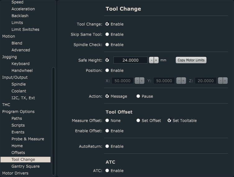 Tool change settings in PlanetCNC TNG software